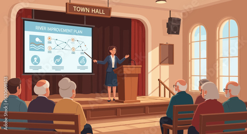 Woman Presents River Improvement Plan At A Local Town Hall Meeting