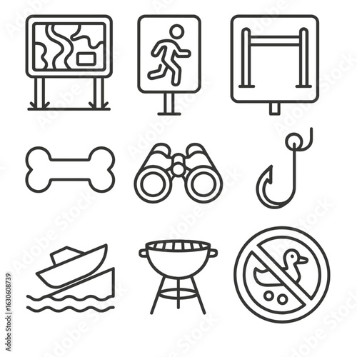 Public Signage Icons. Outline style icons of Public signage: city park map board, jogging trail marker, fitness equipment sign,