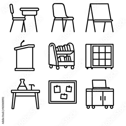 Classroom Furniture Icons. Line style icons of Classroom Furniture: student desk, stack chair, whiteboard easel, teacher podium,