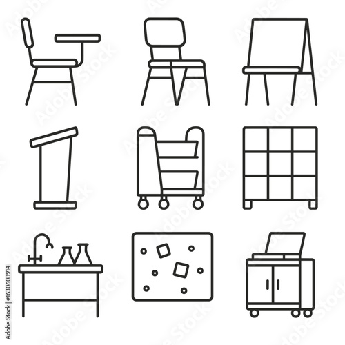 Classroom Furniture Icons. Line style icons of Classroom Furniture: student desk, stack chair, whiteboard easel, teacher podium,