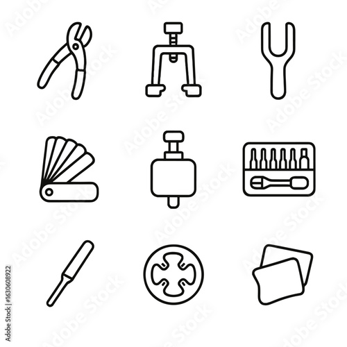 Brake Adjustment Icons. Line style icons of Brake Adjustment Tools: cable puller third hand, brake pad alignment jig, rotor truing