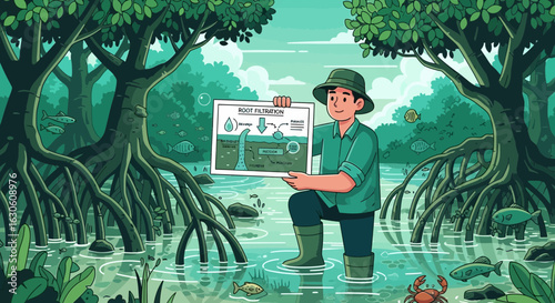 Cartoon Style Illustration Depicting Mangrove Root Filtration Process