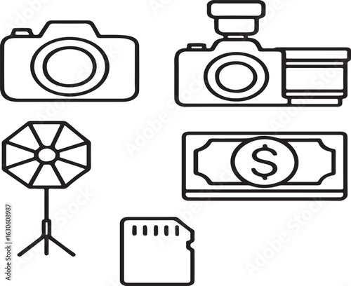 Modern Line Icons: Photography Equipment, Budget, and Costs Calculation.
