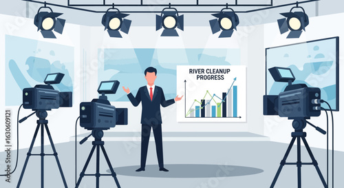Presenting River Cleanup Progress Report In Televised Studio Environment