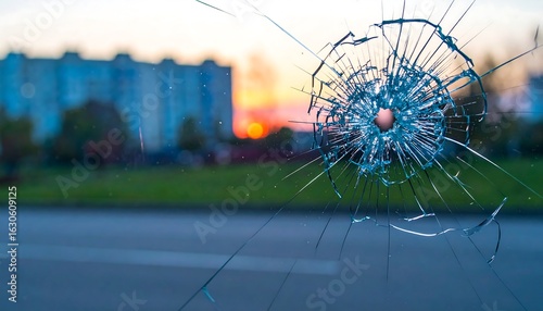 Sunset-lit city view seen through a shattered pane of glass featuring a central impact point