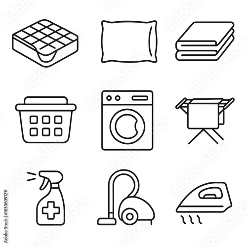 Bedding Hygiene Icons. Line style icons of Bedding Hygiene Supplies: mattress protector, pillowcase, sheet set, laundry basket,