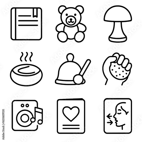 Mental Calm Icons. Line style icons of Mental Calm Accessories: journal notebook, plush toy, calming lamp, aroma stone, meditation