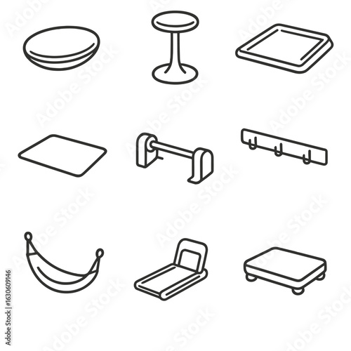 Standing Desk Add-ons Icons. Line style icons of Standing Desk Add-ons: balance board, wobble stool, anti fatigue board, desk mat,