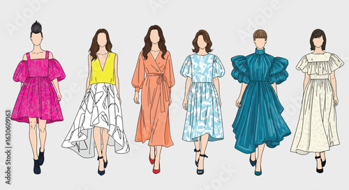 a line of women wearing colorful dresses, woman in pink dress, woman in white dress with patterns, woman in orange dress, woman in teal dress, woman in light dress, detailed digital art, fashion illus