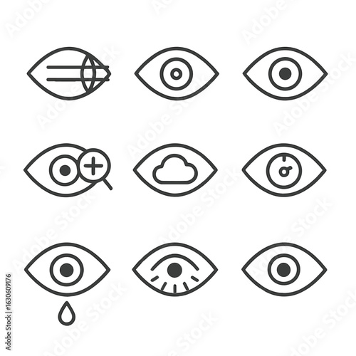 Eye Conditions Icons. Line style icons of Common Eye Conditions: myopia icon, hyperopia icon, astigmatism icon, presbyopia icon,