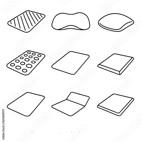Anti-Fatigue Mats Icons. Line style icons of Anti-fatigue Mats: textured standing mat, contoured mat, active wobble mat, pebble