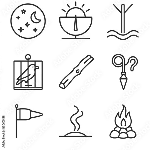 Viking Navigation Icons. Line style icons of Viking Navigation Aids: night sky star disk, rising sun shadow board, sea current