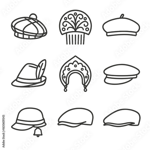 European Headwear Icons. Line style icons of Traditional European Headwear: Scottish tam, Spanish flamenco comb, French beret,