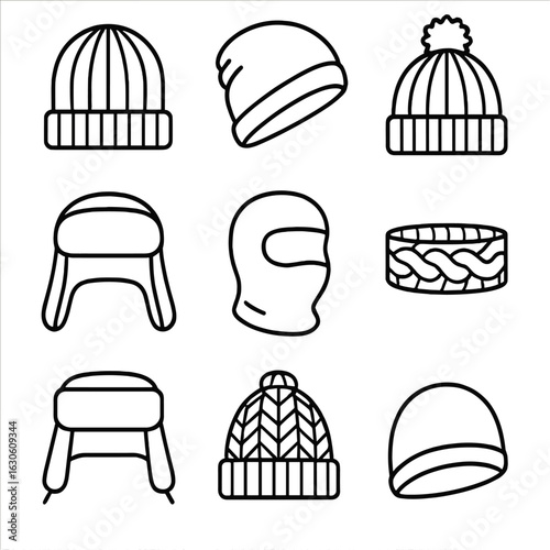 Winter Knit Iconography. Line style icons of Winter Knit Headwear: ribbed beanie, slouch beanie, pom-pom hat, earflap trapper,