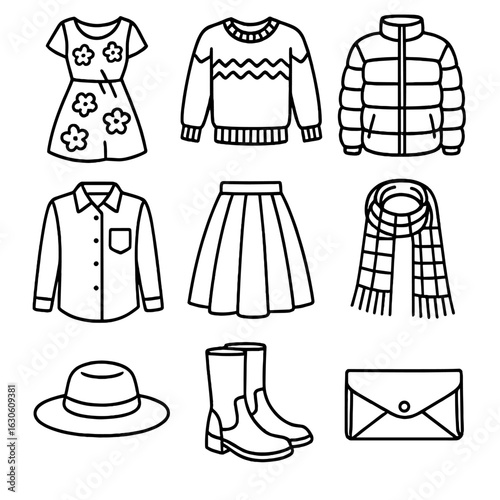 Seasonal Fashion Icons. Line style icons of Seasonal Fashion Trends: floral dress, knit sweater, puffer jacket, linen shirt,