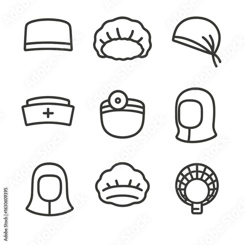 Medical Headwear Icons. Line style icons of Medical & Sanitary Headwear: surgical cap, disposable bouffant, scrub beanie, nurse