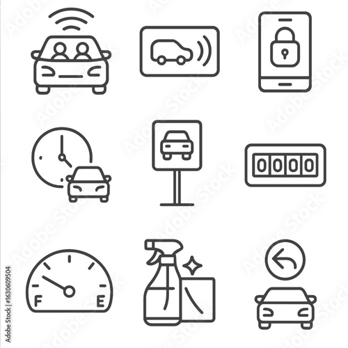 Car Sharing Line Icons. Line style icons of Car Sharing Services: shared car icon, keyless card, mobile unlock app, reservation