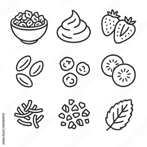 Granola Bowl Toppings Icons. Line style icons of Granola Bowl Toppings: toasted granola, Greek yogurt dollop, strawberry halves,