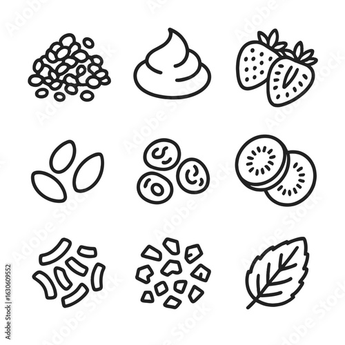 Granola Bowl Toppings Icons. Line style icons of Granola Bowl Toppings: toasted granola, Greek yogurt dollop, strawberry halves,