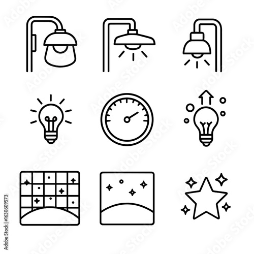 Light Pollution Icons. Line style icons of Light Pollution Mitigation: shielded fixture, full cutoff optic, backside baffle, warm