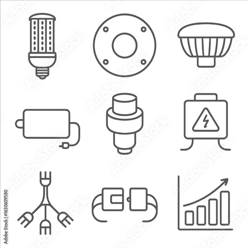 LED Retrofit Icons Collage. Line style icons of LED Retrofit Components: LED corn bulb, retrofit kit plate, heat sink fin, driver