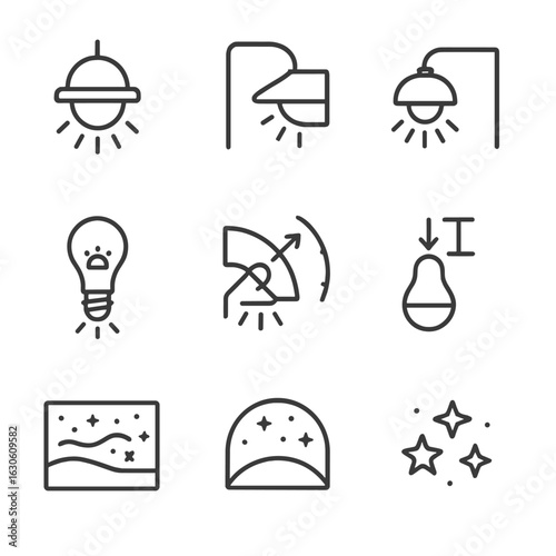 Light Pollution Icons. Line style icons of Light Pollution Mitigation: shielded fixture, full cutoff optic, backside baffle, warm