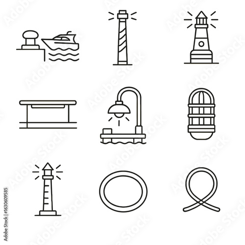 Waterfront Lighting Icons. Line style icons of Waterfront Promenade Lighting: yacht pier bollard, wave pattern pole, marina beacon