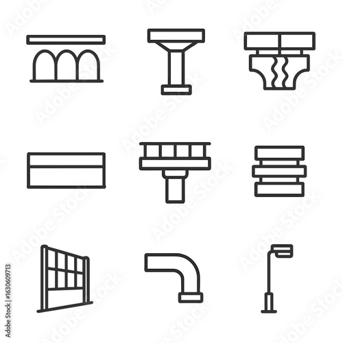 Viaduct Elements Icons. Line style icons of Viaducts: multi-span arch, pier column, expansion joint, parapet wall, maintenance