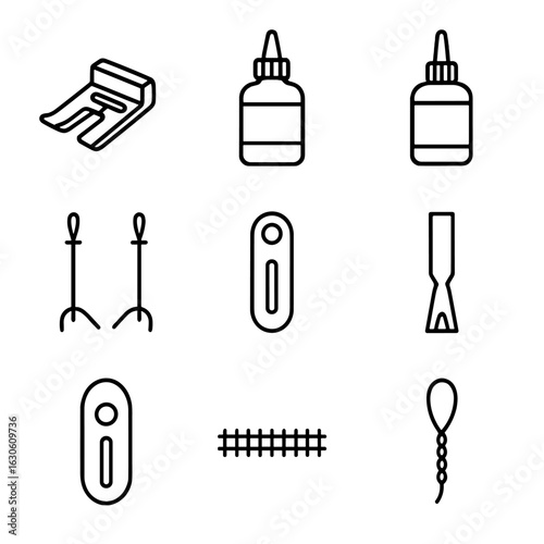 Buttonhole Tools Icons. Line style icons of Buttonhole Making: buttonhole foot, seam sealant, fray-check bottle, tailor tacks,