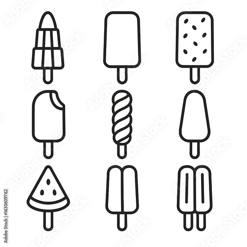 Ice Cream Popsicles Icons. Line style icons of Ice Cream Popsicles: rocket pop, fudge bar, fruit bar, creamsicle, swirl pop,