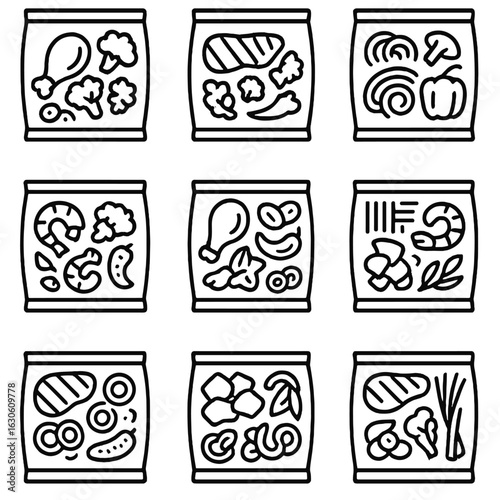 Frozen Stir-Fry Kits Icons. Line style icons of Frozen Asian Stir-Fry Kits: teriyaki chicken mix, beef broccoli kit, sesame noodle