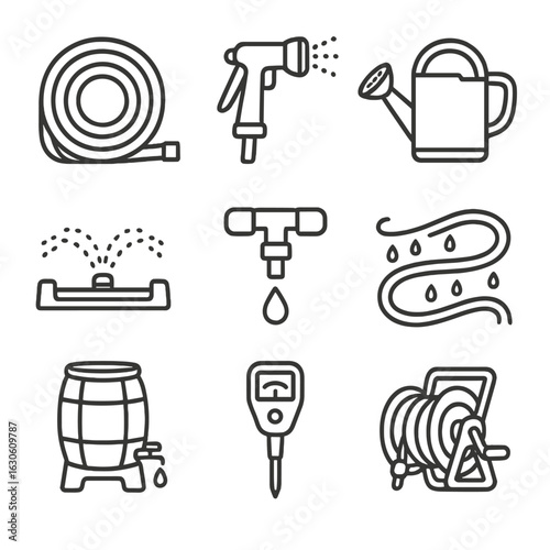 Watering Essentials Icons. Line style icons of Watering Essentials: garden hose, spray nozzle, watering can, oscillating sprinkler