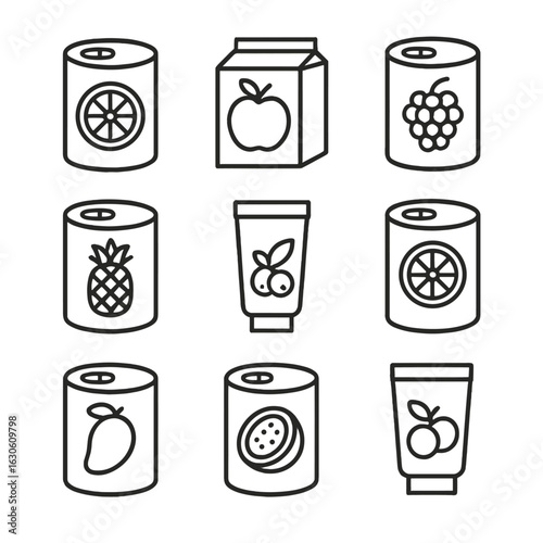 Juice Concentrate Icons. Line style icons of Frozen Juice Concentrates: orange juice can, apple concentrate, grape concentrate,