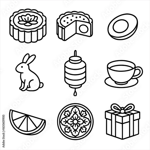 Mooncake Festival Icons. Line style icons of Chinese Mooncake Festival: lotus paste mooncake, red bean mooncake, salted egg yolk,
