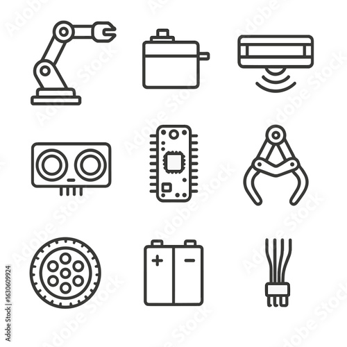 Robotics Components Icons. Line style icons of Robotics Components: robotic arm, servo motor, lidar sensor, ultrasonic sensor,