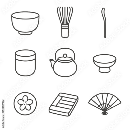 Tea Ceremony Icons. Line style icons of Japanese Tea Ceremony: matcha bowl, bamboo whisk, tea scoop, tea caddy, hot water kettle,