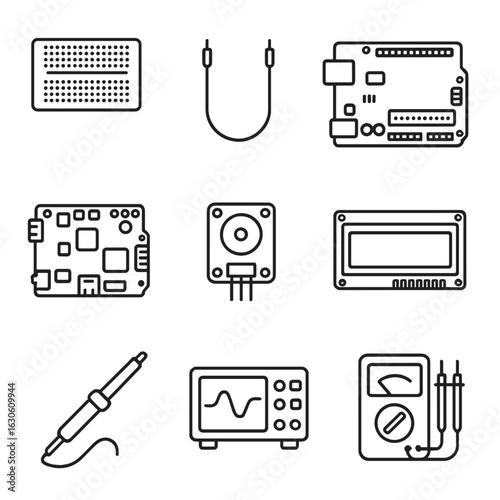 Electronic Prototyping Icons. Line style icons of Electronic Prototyping: breadboard, jumper wire, Arduino board, Raspberry Pi,