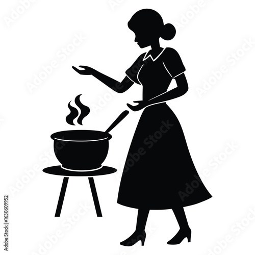 Stylish Woman Silhouette Cooking With Steaming Pot Illustration