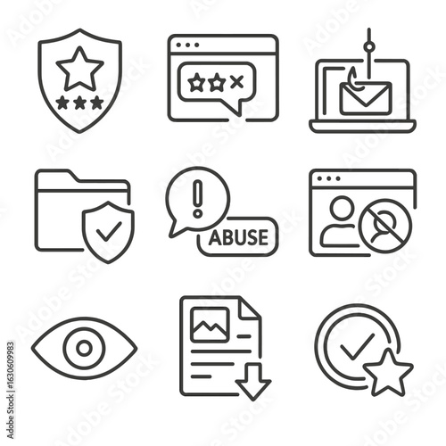 Brand Protection Icons. Line style icons of online brand and reputation defense: rating shield icon, fake review detection,