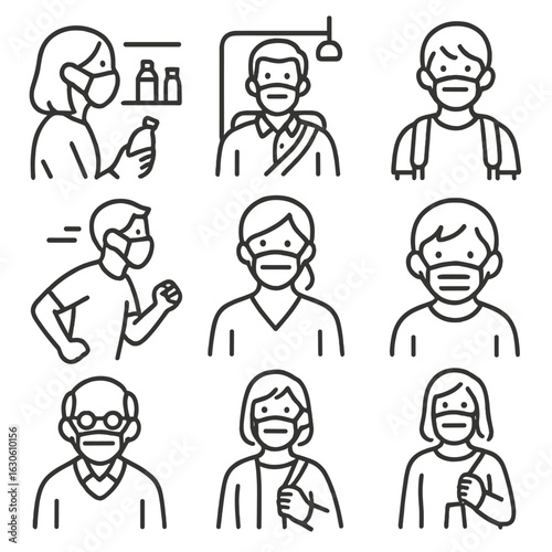 Masked Icons in Public. Line style icons of people wearing masks in public: person with mask at store, masked commuter on bus,