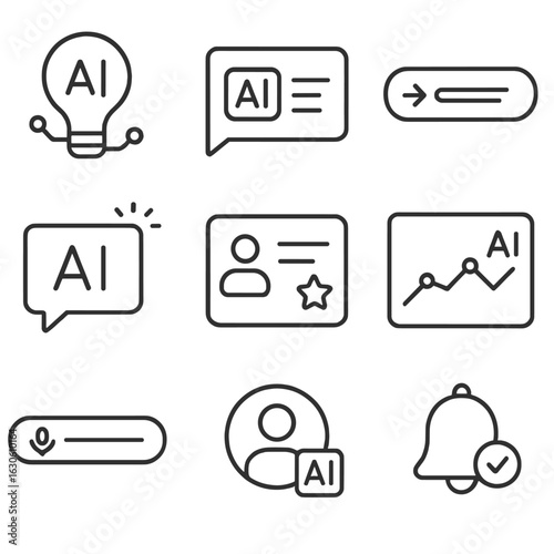 AI Feature Icons. Line style icons of AI-driven interface features: smart suggestion icon, AI assistant message, auto-complete