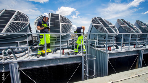 Fotografie Technicians performing maintenance on industrial cooling systems at a rooftop fa