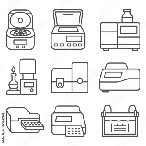 Advanced Lab Instruments Icons. Line style icons of advanced lab instruments: centrifuge machine, PCR machine icon,
