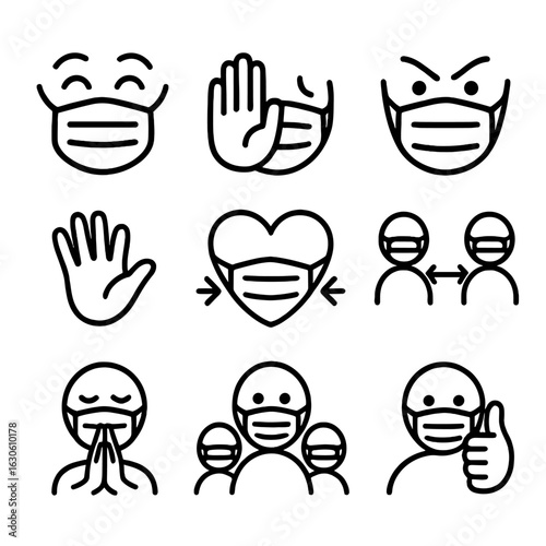 Masked Communication Icons. Line style icons of emotional communication with masks: smiling eyes icon, gesture instead of smile,