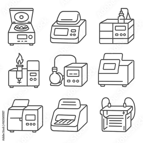 Advanced Lab Instruments Icons. Line style icons of advanced lab instruments: centrifuge machine, PCR machine icon,