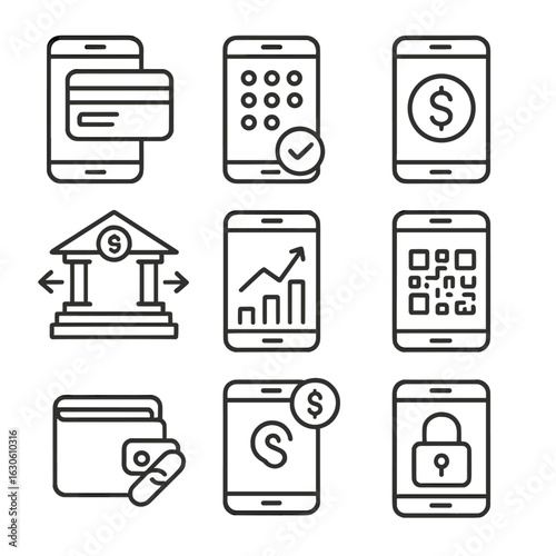 Mobile Banking Icons. Line style icons of mobile banking interface: card overview panel, PIN pad screen, account balance icon,