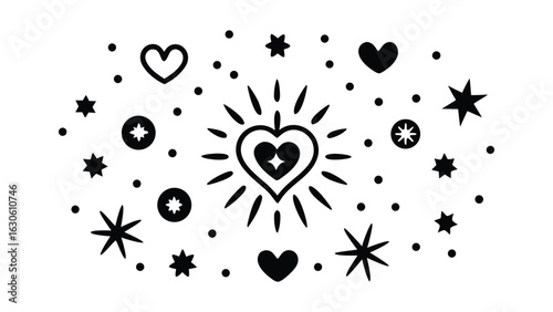 Vector art of black and white heart and star pattern with sparkles and dots, symbolizing love and celebration, isolated on white background.