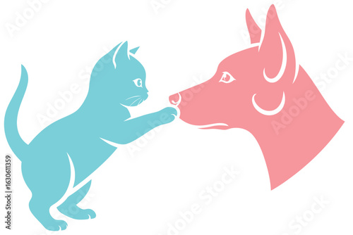 Stylized image of a cat touching noses with a dog on yellow background