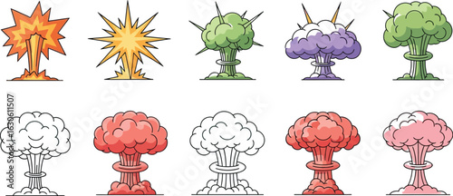 Ten stylized cartoon explosion clouds in various colors and outlines