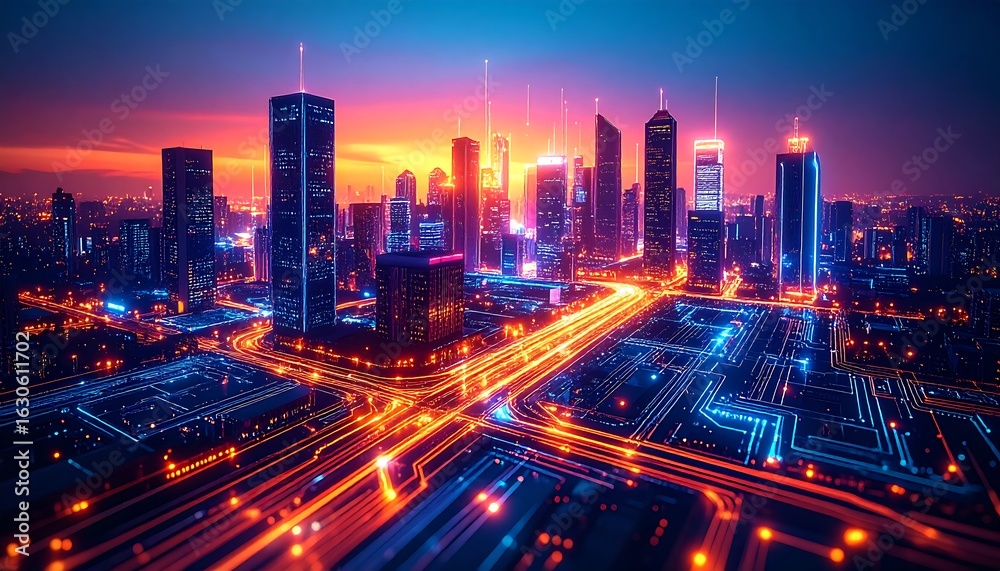 Fototapeta premium Futuristic cityscape at dawn